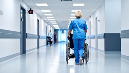 Nurse walking a patient down a hospital corridor