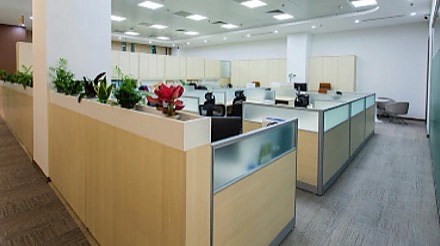 Open-plan office with workstations and natural light